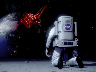 NASA Astronaut with Logo on Lunar Surface Viewing Earth and Red Laser Beam 3d model