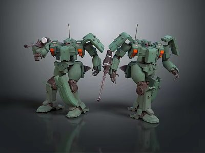 Two Green Mecha Game Movie Characters with Weapons Antennas in Standing Pose on Gray Background 3d model