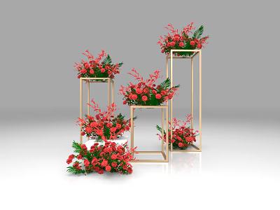 Red Flower Arrangements On Golden Geometric Stands For Elegant Decorative 3d model