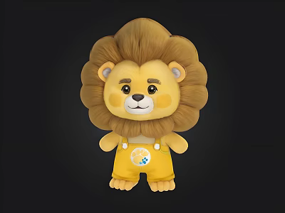 Cute Cartoon Lion Character Wearing Yellow Overalls Against Black Background With Friendly Expression 3d model