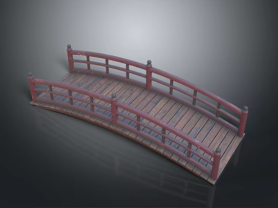 Curved Arched Bridge With Red Railings And Wooden Deck Design 3d model