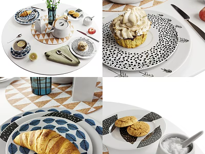 Fresh Cupcakes Croissants And Cookies On Dining Table With Decorative Plates And Utensils 3d model