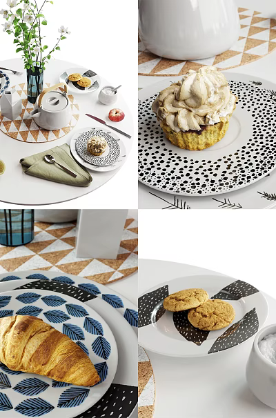 Fresh Cupcakes Croissants And Cookies On Dining Table With Decorative Plates And Utensils 3d model