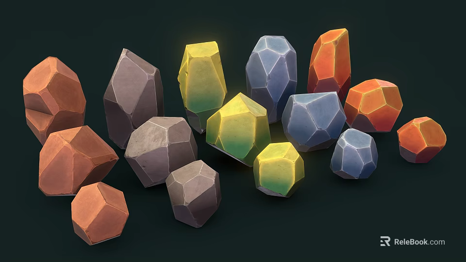 Orange Yellow Blue Gray Stones And Wooden Pieces With Various Shapes 3d model 
