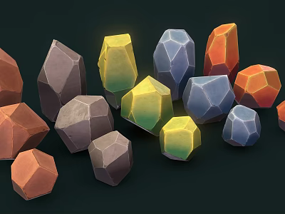 Orange Yellow Blue Gray Stones And Wooden Pieces With Various Shapes 3d model