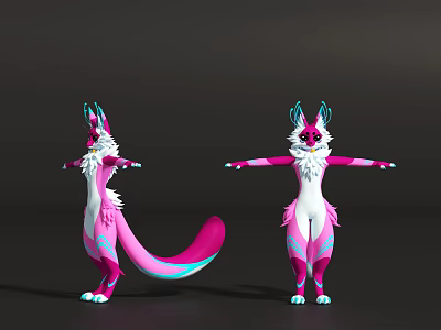 Game and Movie Character Design With Pink White Fur Long Tail And Blue Ear Decor 3d model