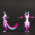 Game and Movie Character Design With Pink White Fur Long Tail And Blue Ear Decor