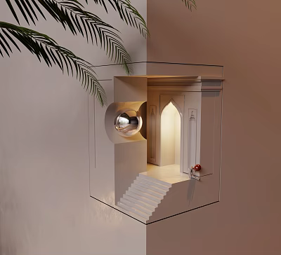 Modern Creative Wall Lamp With Geometric Design Warm Light Staircase Detail And Palm Leaf 3d model