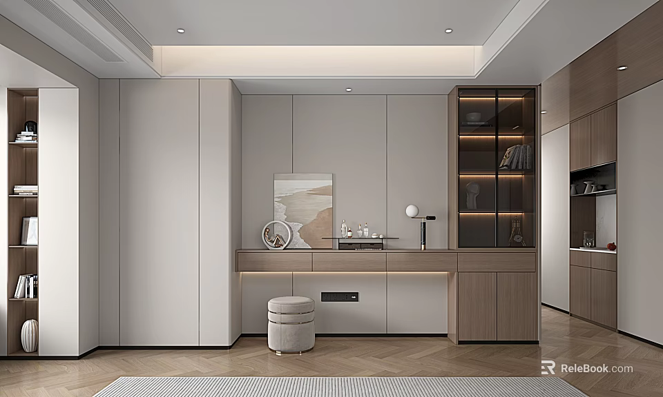 Modern Dressing Table Interior Design With Neutral Tones Storage Cabinets And Stool 3d model