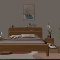 Wooden Double Bed In Modern Bedroom With Storage Headboard Nightstand Lamp Plant And Wall Art
