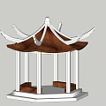 Traditional Chinese Style Pavilion With Brown Roof White Pillars Curved Eaves And Wooden Base