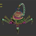 Ornate Mechanical Device With Red Teapot Top Green Structure Mechanical Legs And Golden Decorations