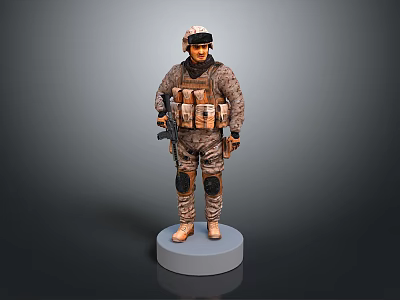 Game Movie Character In Camouflage Uniform With Tactical Gear Helmet And Weapon On Standing Base 3d model