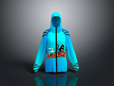 Blue Hoodie With Black Cat Graphic BAD BOY Text And Striped Sleeves 3d model