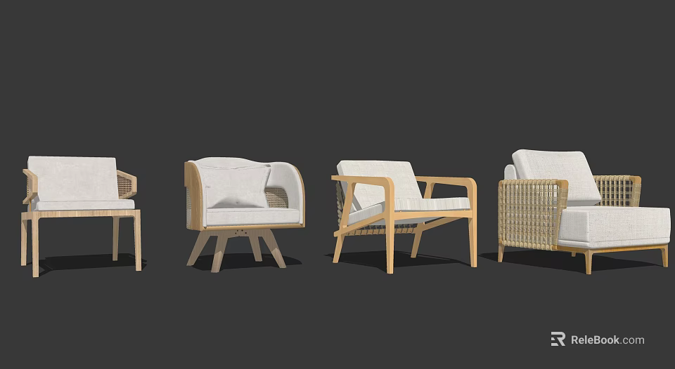 Stylish Leisure Chairs With Wooden Frames Wicker Accents And Cushioned Seats Design 3d model 