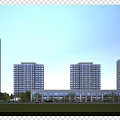 Modern High Rise Residential Building With Ground Floor Shops And Green Lawn At Evening