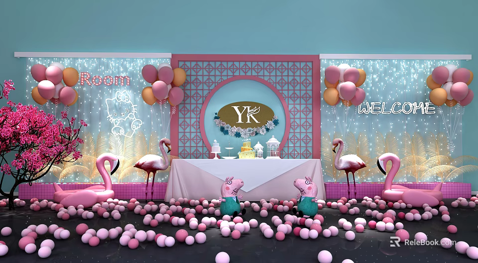 Vibrant Photo Check in Spot With Pink Blue Decor Flamingo Ornaments Balloons And YK Logo 3d model 