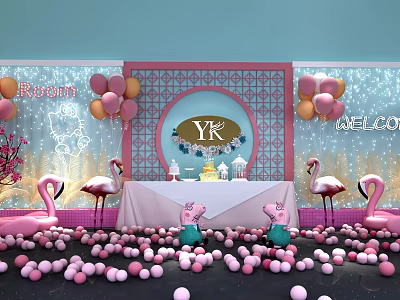 Vibrant Photo Check in Spot With Pink Blue Decor Flamingo Ornaments Balloons And YK Logo 3d model