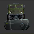 Green Military Tank With Metal Railings And Glowing Headlights On Gray Platform