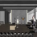 Modern Gym Interior With Treadmill Dumbbells Punching Bag And Large Windows