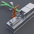 Automated Industrial Equipment Production Line With Robotic Arm And Green Conveyor Belt