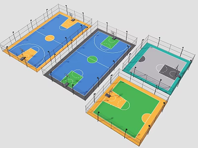 Basketball Court Facility With Multiple Colored Floors Blue Green Gray And Surrounding Fences 3d model