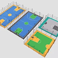 Basketball Court Facility With Multiple Colored Floors Blue Green Gray And Surrounding Fences