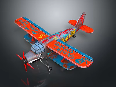 Vintage Passenger Plane Biplane Model With Orange Blue Graffiti Shark Mouth And Super Fly Design 3d model
