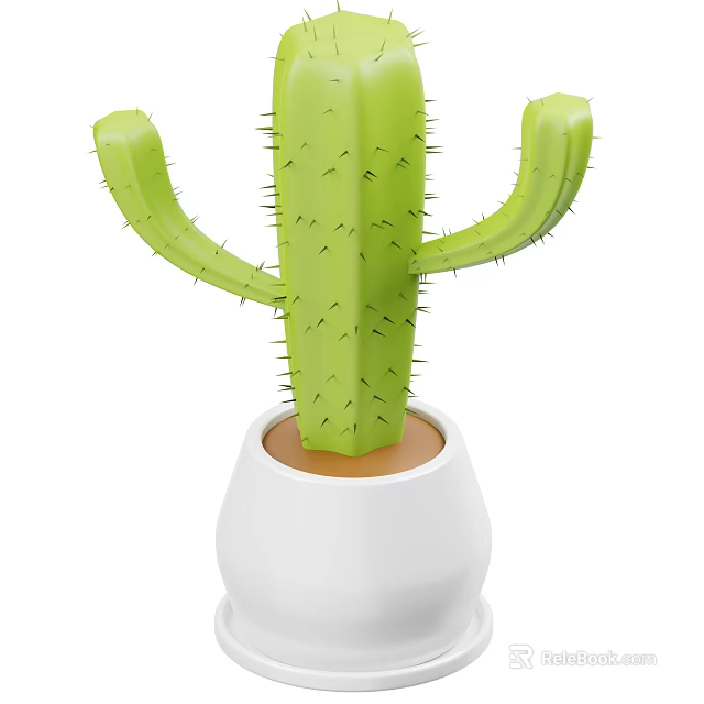 Green Cactus Plant In White Planter With Brown Base For Indoor Decor 3d model 