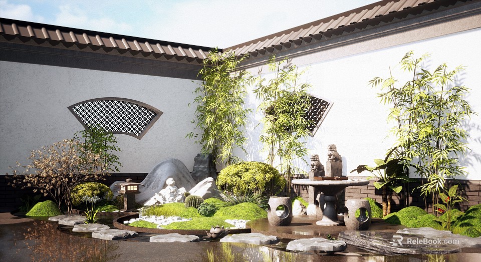 Traditional Chinese Courtyard Rockery Stones with Flowing Water Green Plants Bamboo and Stone Table 3d model 