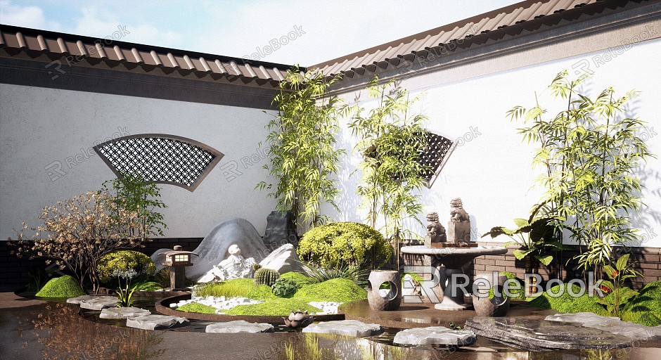 New Chinese style courtyard sketch rockery stone dry landscape courtyard landscape pine outdoor plants Zen landscape model