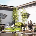 Traditional Chinese Courtyard Rockery Stones with Flowing Water Green Plants Bamboo and Stone Table