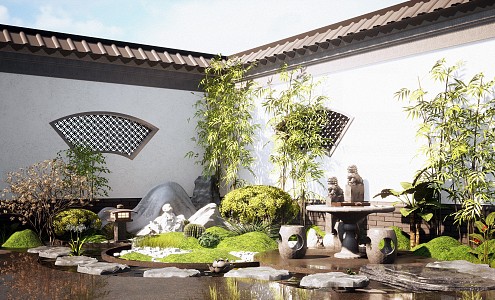 New Chinese style courtyard sketch rockery stone dry landscape courtyard landscape pine outdoor plants Zen landscape 3d model