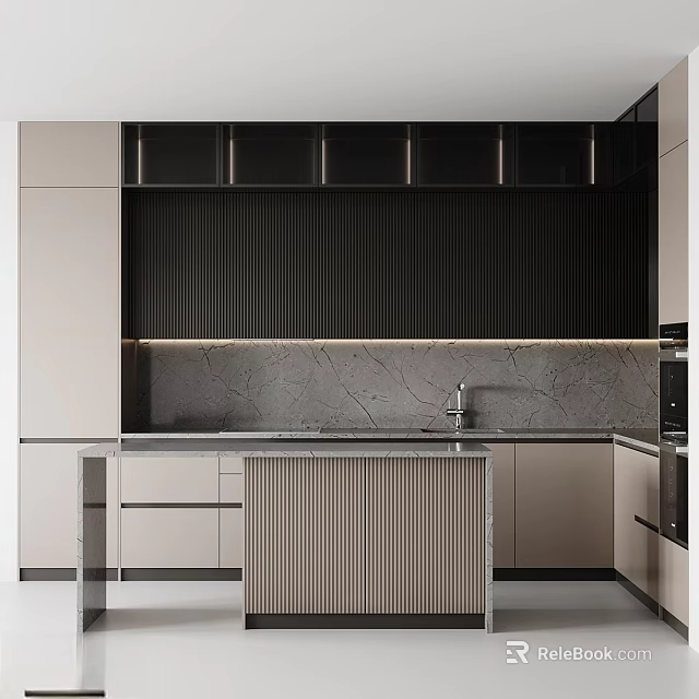 Sleek Modern Kitchen Appliances In Open Interior With Island Counter And Cabinets 3d model 