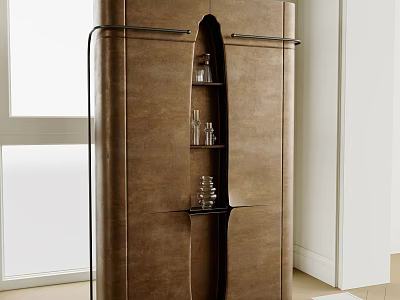 Modern Wine Cabinet With Wooden Panel Metal Frame And Glass Shelves Design 3d model