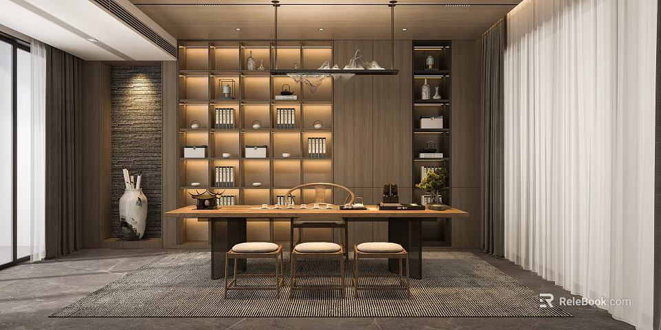 Serene Tea Room Interior Design With Wooden Shelves Tea Sets Hanging Lights And Long Table 3d model 