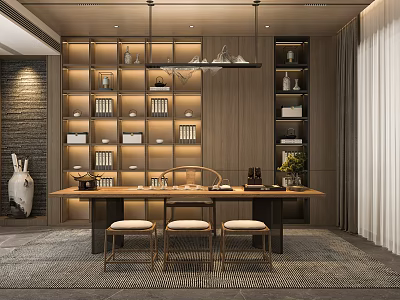 Serene Tea Room Interior Design With Wooden Shelves Tea Sets Hanging Lights And Long Table 3d model