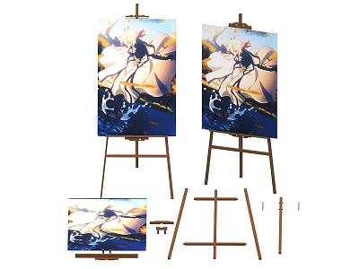 Wooden Art Easels With Canvas Paintings And Different Sizes Art Supplies 3d model