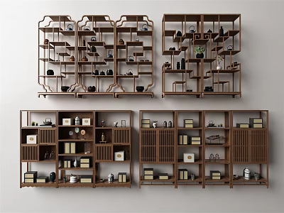 Classic Chinese Wooden Display Shelves With Tiered Layers And Decorative Ornaments 3d model