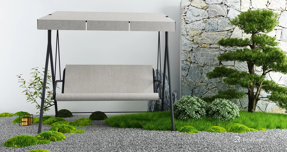 Outdoor Hanging Chair In Garden With Greenery Pebbles And Stone Wall 3d model 
