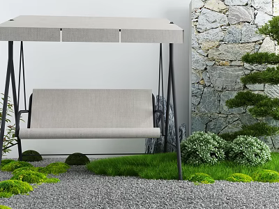 Outdoor Hanging Chair In Garden With Greenery Pebbles And Stone Wall 3d model