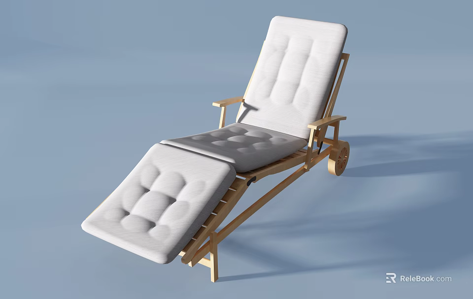 Adjustable Wooden Frame Lounge Chair With White Padded Cushion And Wheels 3d model 