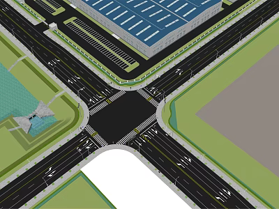 Aerial View Of Road Intersection With Traffic Lanes Markings And Green Belts 3d model