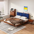 Double Bed With Blue Upholstered Headboard Wooden Frame Nightstand And Colorful Painting In Modern Bedroom
