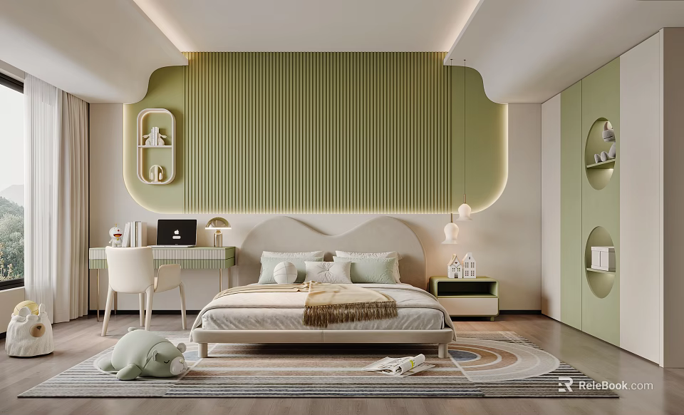 Kids Bedroom With Green Ribbed Wall Curved Design Bed Desk Chair And Stuffed Toy Rug 3d model 