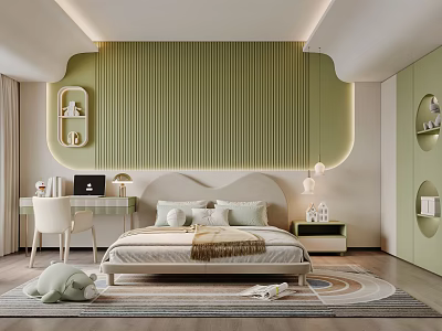 Kids Bedroom With Green Ribbed Wall Curved Design Bed Desk Chair And Stuffed Toy Rug 3d model