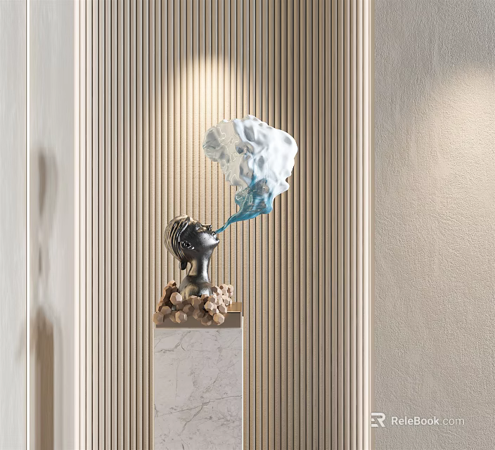 Artistic Head Sculpture Carving With Flowing Abstract Shape On Marble Pedestal And Vertical Striped Wall 3d model 