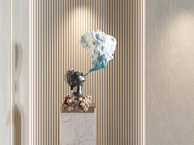 Artistic Head Sculpture Carving With Flowing Abstract Shape On Marble Pedestal And Vertical Striped Wall 3d model