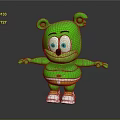 Green Cartoon Bear Creature with Big Blue Eyes Orange Shorts and Open Arms