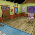 Cartoon Nautical Room Scene With Green Walls Wooden Floor Purple Chair And Wall Map